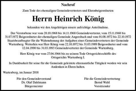 Traueranzeigen Von Heinrich K Nig Vrm Trauer De