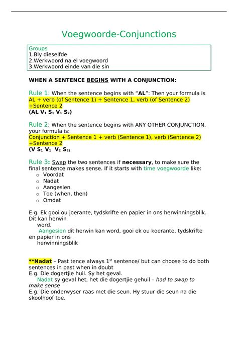 Summary Voegwoorde Conjunctions Notes Afrikaans First Additional