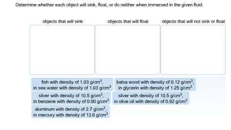 Solved Determine Whether Each Object Will Sink Float Or Do Chegg