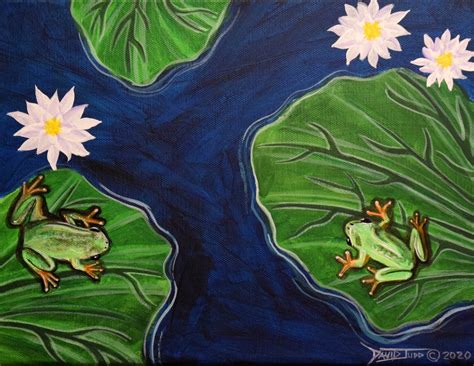 Frogs And Lillies Green Frogs Lillypads In Pond Frog Painting Amphibian