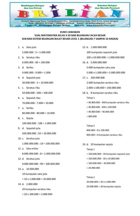 Kumpulan Soal Matematika Sistem Bilangan Bulat Besar Kelas 4 SD