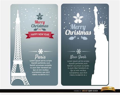 Merry Christmas Cards Paris New York Vector Download