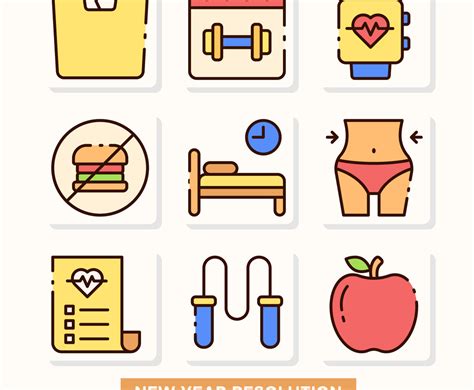 New Year Resolution Healthy Lifestyle Icon Set Vector Art Graphics