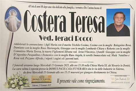 Siderno Venuta A Mancare La Signora Costera Teresa Ved Ieraci