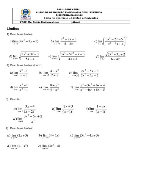 Lista De Exercícios Limites E Derivadas Pdf Velocidade Derivado