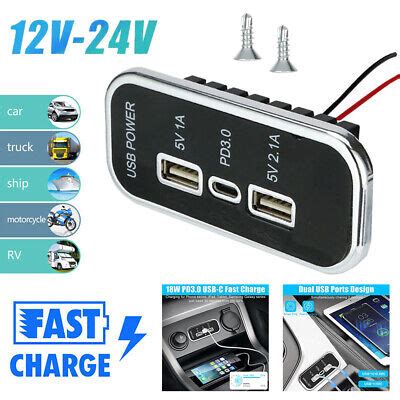 Dual Usb Pd Type C Port Car Fast Charger Socket Power Outlet Panel