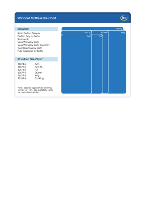 Serta Standard Mattress Size Chart printable pdf download