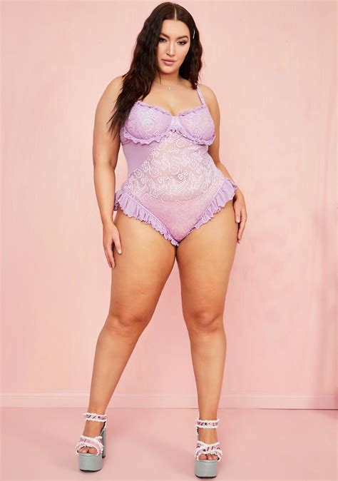 Plus Size Sugar Thrillz Butterfly Lace Ruffle Bodysuit Lavender