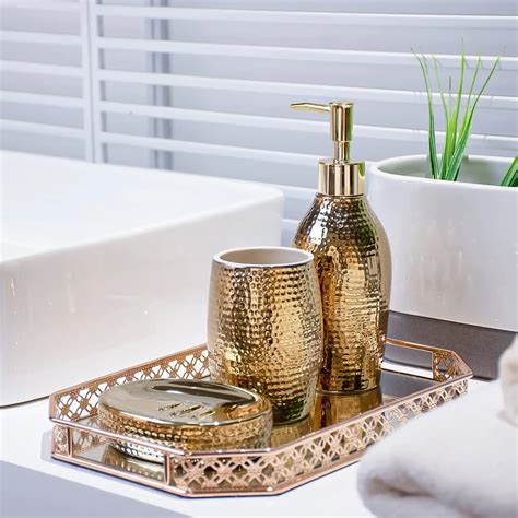 Gold Ceramic Bathroom Accessories Set 3 Piece Decorative Porcelain Bath