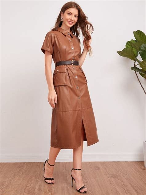 Flap Pocket Pu Leather Belted Shirt Dress Leather Dress Outfit Brown