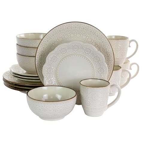 Elama Piece Contessa Embossed Ivory Stoneware Dinnerware Set