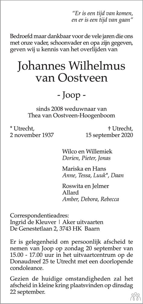 Johannes Wilhelmus Joop Van Oostveen 15 09 2020 Overlijdensbericht En