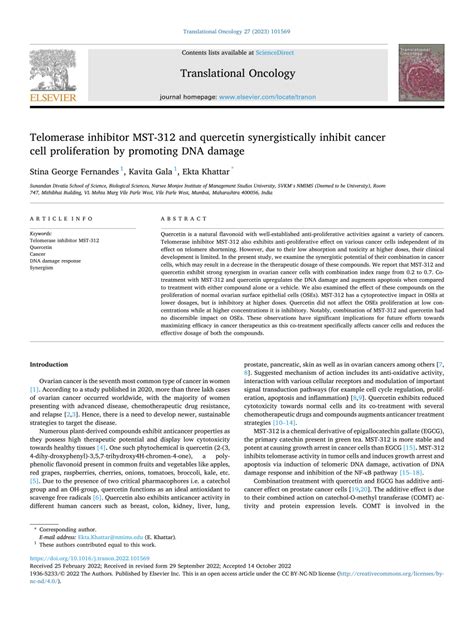 Pdf Telomerase Inhibitor Mst And Quercetin Synergistically