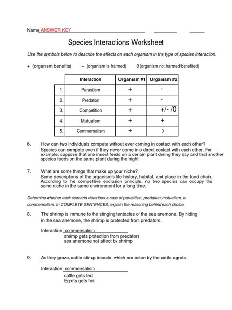 Species - Interaction - Worksheet Answers | PDF | Parasitism | Predation