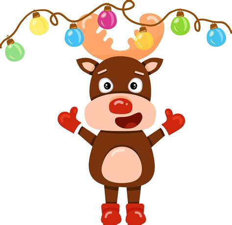 Illustration With Cute Cartoon Reindeer Rudolf With A Garland Element