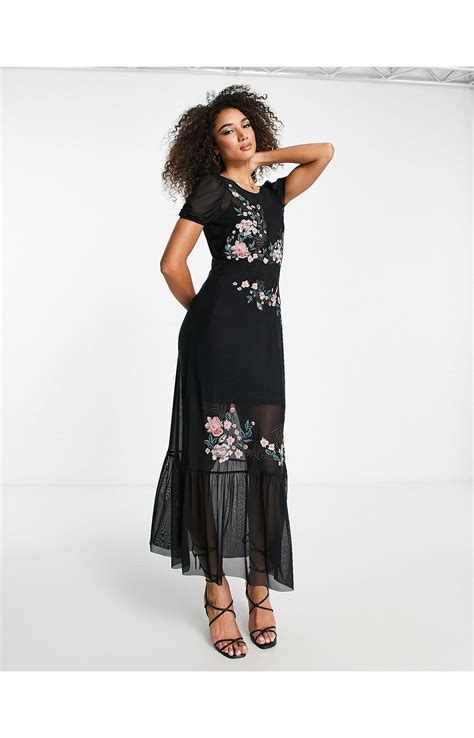 River Island Embroidered Floral Mesh Midi Dress In Black Lyst