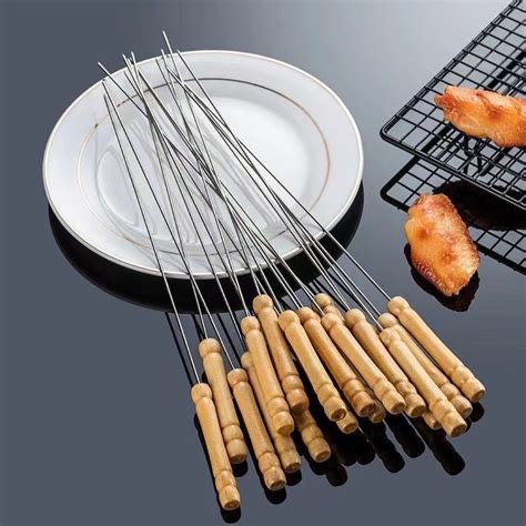 Cod Pcs Barbecue Skewers Wooden Handle Stainless Steel Bbq Round