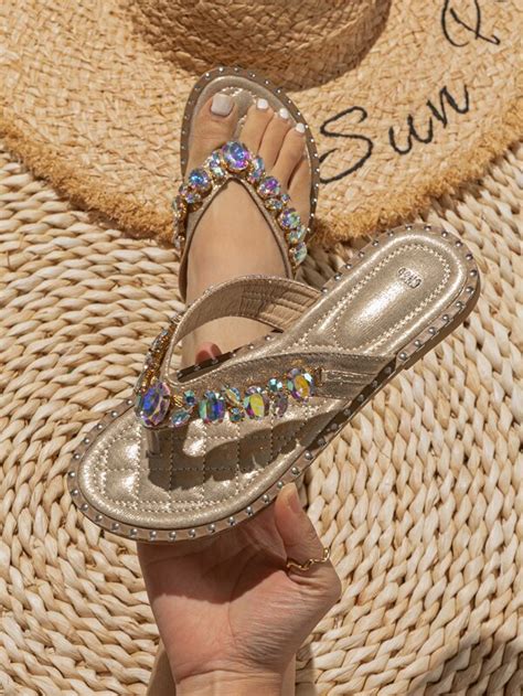 Metallic Rhinestone Decor Thong Sandals Shein Usa