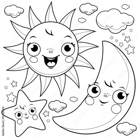 Cute sun, moon, stars and cloud characters. Vector black and white ...