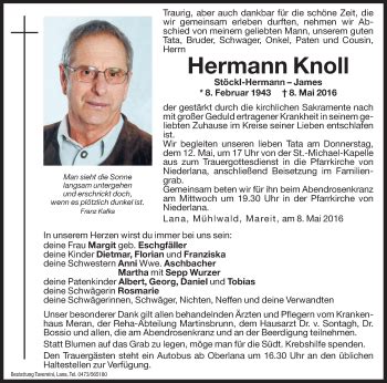 Traueranzeigen Von Hermann Knoll Trauer Bz