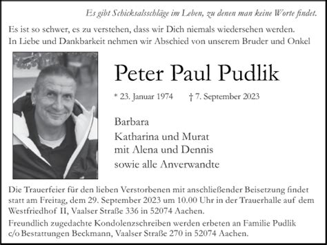 Traueranzeigen Von Peter Paul Pudlik Aachen Gedenkt