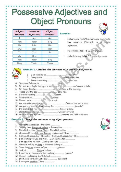 Possessive Adjectives And Object Pronouns Esl Worksheet By Anneclaire