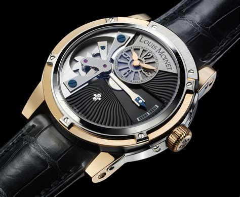 Round Gold Colored And Black Louis Moinet Skeleton Watch With Black