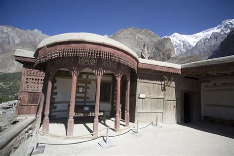 View of the roof of Baltit Fort with the throne of the ruler, with ...