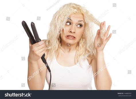 Cute Curly Blonde Shocked Damage Her Stock Photo 144880393 Shutterstock