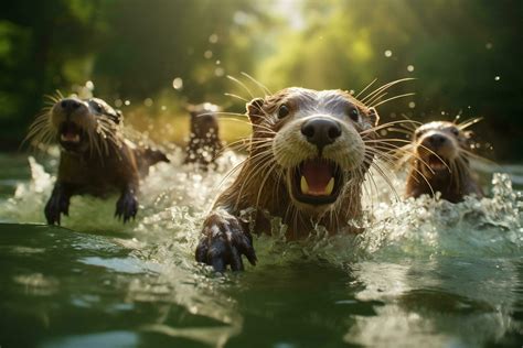 Group Of Playful Otters Swimming In The River AI Generative 31515425