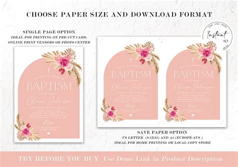 Pink Girls Boho Baptism Invitation Template Editable Arch Etsy