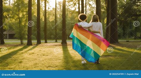 Two Lesbian Girls Wrapped In Rainbow Flag Concept Of Lgbt Pride Ai