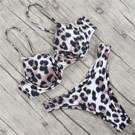 Leopard Bikini Push Up Swimsuit High Cut Bikini Set Halter