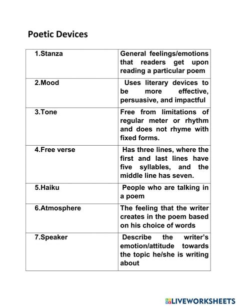 Poetic Devices Online Exercise Live Worksheets Worksheets Library