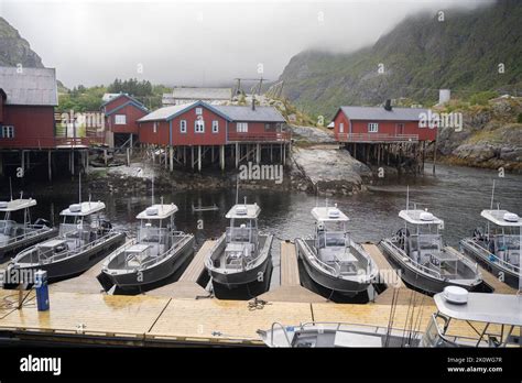 Red Fishermen Cabin In A Fishing Village Of Lofoten Islands Norway