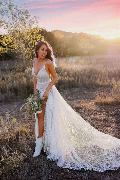 Edgy Lace Boho A Line Wedding Dress With Plunging Neckline And