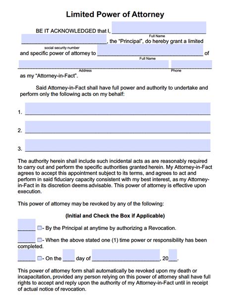 Limited Power Of Attorney Template