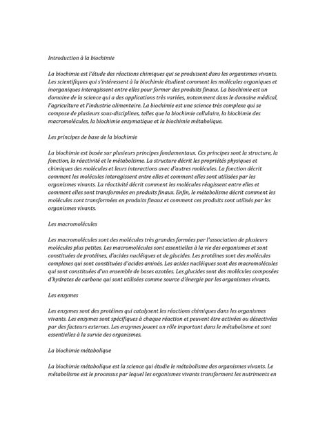 Biochemistry Study Notes Introduction à la biochimie La biochimie est