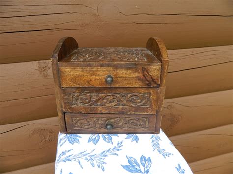 Vintage Hand Carved Wood Jewelry Trinket Box Ornate Design With Mirror