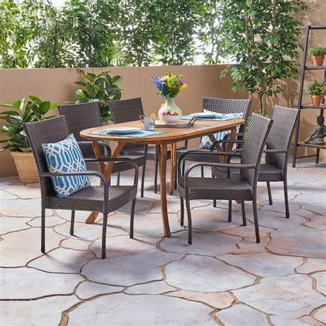 Noble House Jasper Multi Brown Piece Wood And Faux Rattan Outdoor