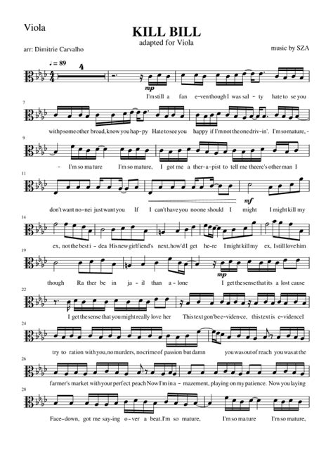 Kill Bill Arr Dimitrie Carvalho By Sza Sheet Music For Viola Solo At