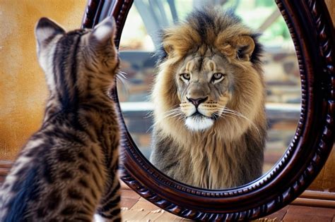 Cat Looking At Mirror And Sees Itself As A Lion Premium AI Generated