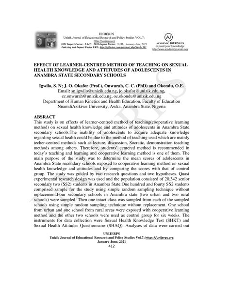 Pdf Effects Of Learners Centered Method Of Teaching On Sexual Health