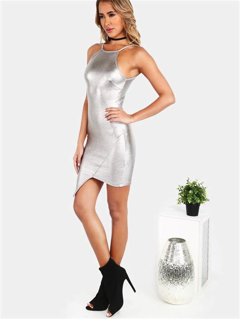 S Neck Metallic Asymmetrical Bodycon Dress Silver Shein Sheinside