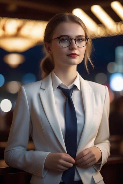 Premium Photo A Beautiful European Lady In Suit And Glasses Is Standing On The Street At Night