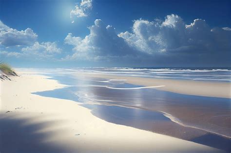 Premium AI Image Bright Sandy Beach With Clear Blue Water On A Sunny