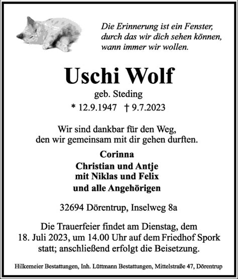 Traueranzeigen Von Uschi Wolf LZ Trauer