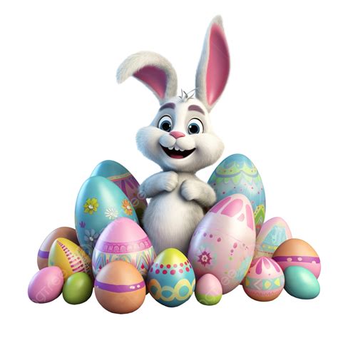 3d Rendering Easter Bunny With Easter Eggs In Cartoon Style Rabbit