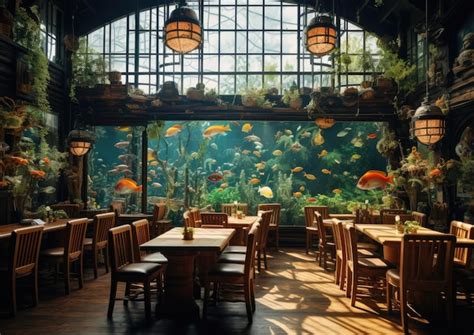 Premium Ai Image A Relaxing Aquarium Cafe With Tanks Filled With