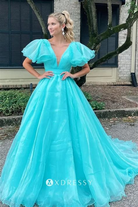 Turquoise Organza V Neck Short Sleeve Puffy Prom Gown Xdressy